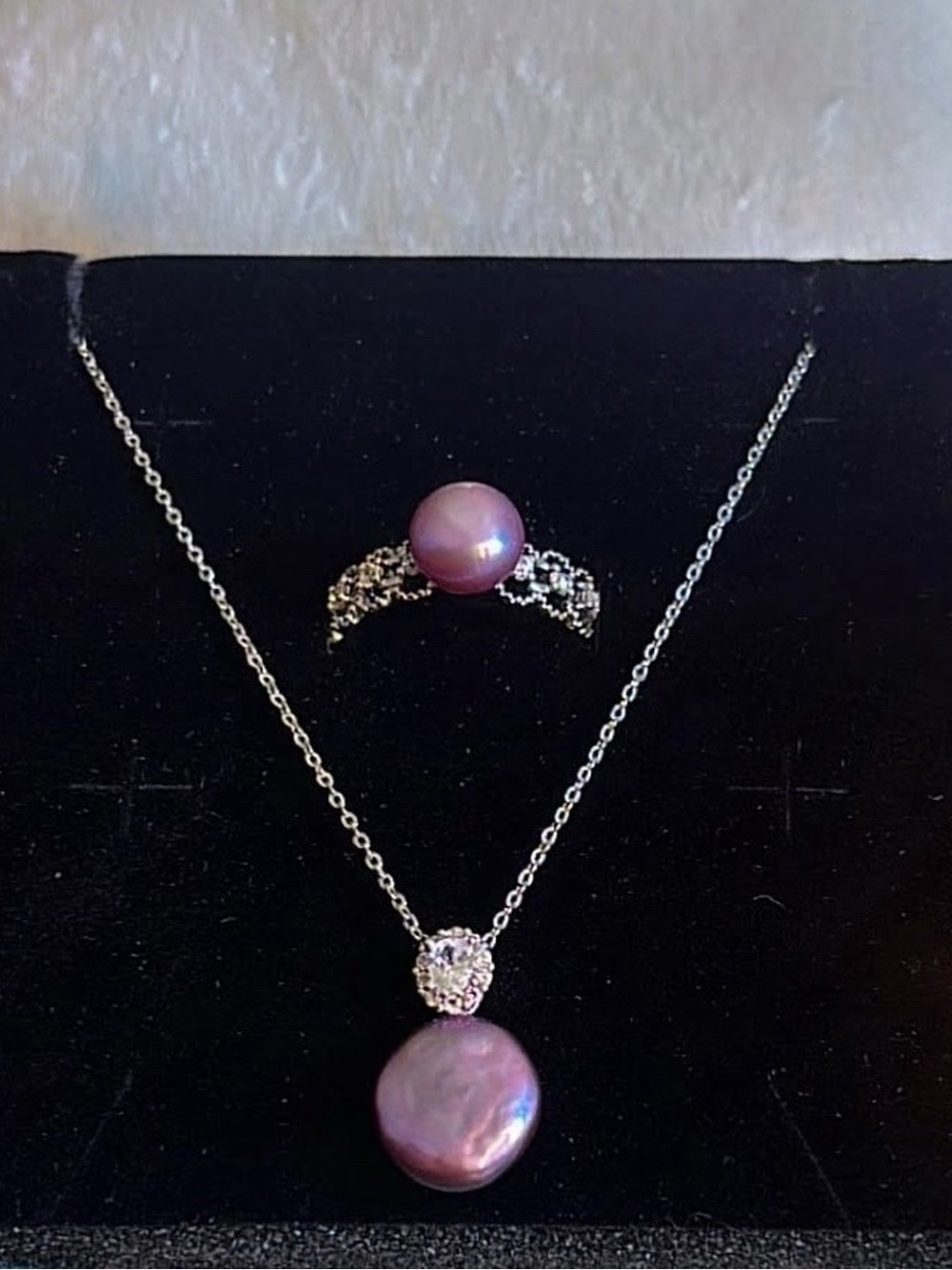Button Pearl Pendant Ring Set | Red Undertones and Blue Luster | Sterling Silver